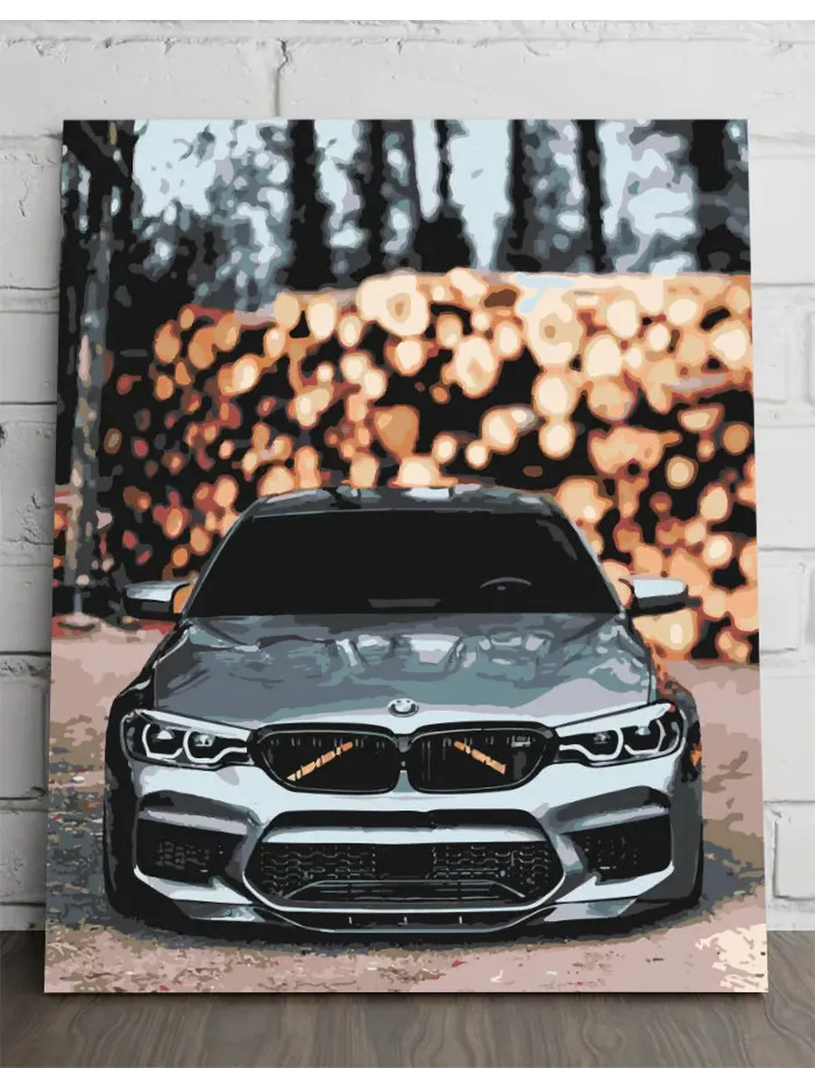 Картина по номерам — Серый BMW на фоне сложенных брёвен — 40×50 см