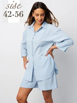 Костюм льняной двойка летний с шортами с рубашкой