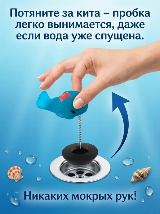Рыжий кот Пробка для ванной декоративная "Кит", голубой, фото 3