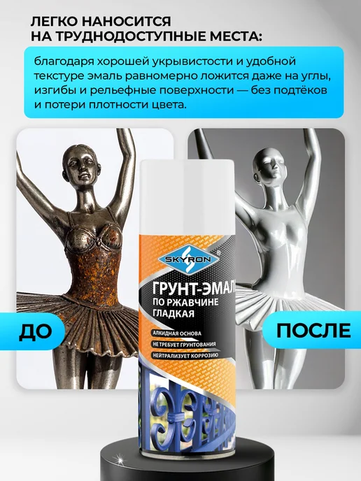 SKYRON Аэрозольная грунт-эмаль по ржавчине 3 в 1,белая, белый, фото 6