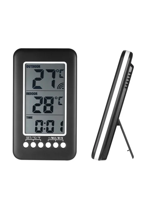 Термометр с беспроводным датчиком и часами, черный, фото 8