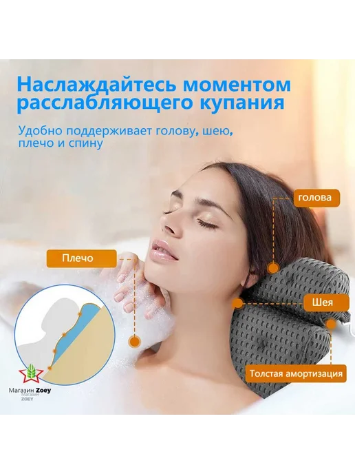 Подушка для ванны подголовник на присосках Черное, черный, фото 2