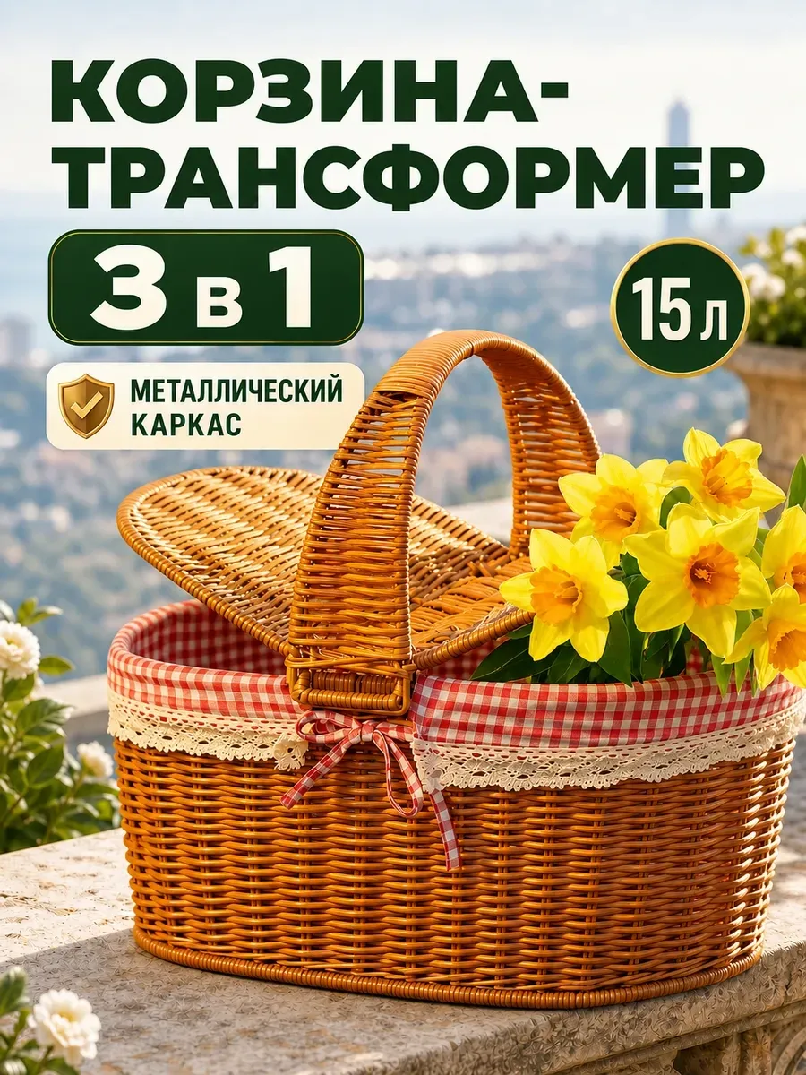 Корзина плетеная для пикника с ручкой и крышкой