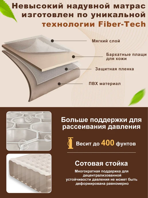 hikdori надувная кровать двуспальная с насосом и спинкой, бежевый, фото 5