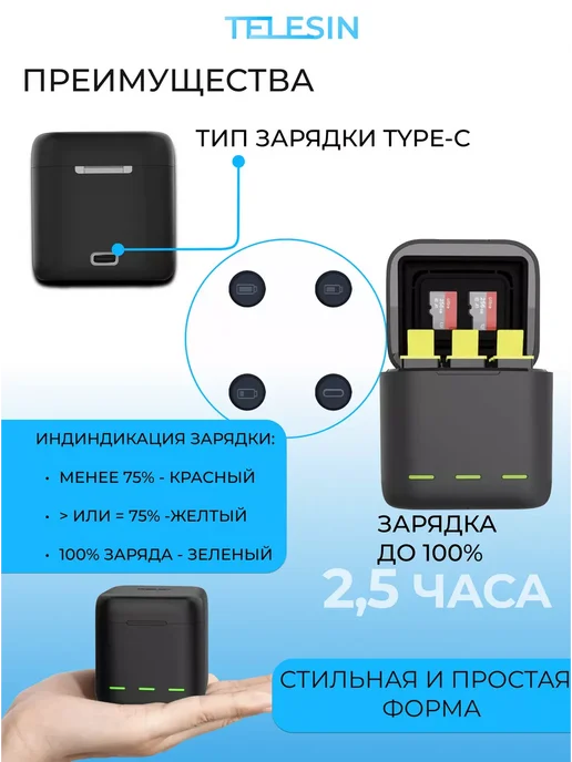 Telesin Быстрая зарядка экшн камеры GoPro 12 11 10 9 кейс+2 АКБ, вариант, фото 4