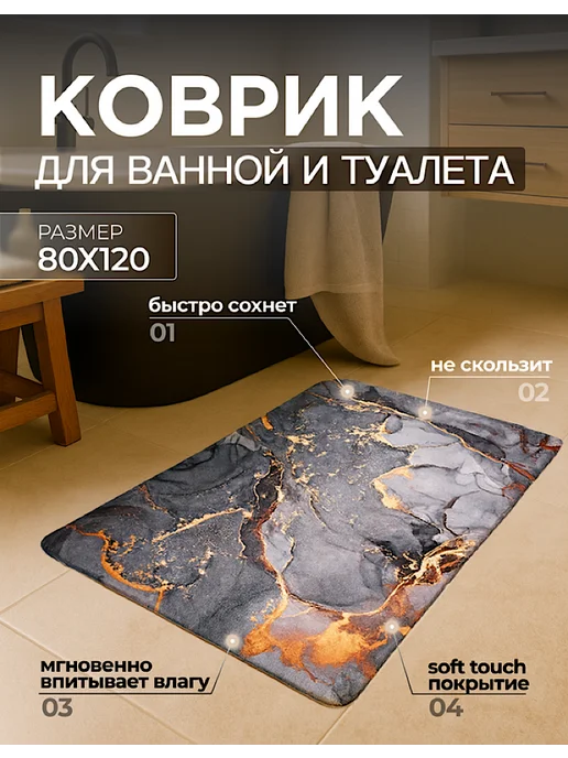 Farizm Коврик для ванной 80×120 см, диатомитовый, быстросохнущий, 80x120 см