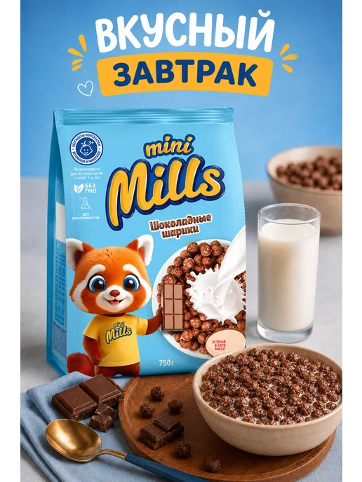 Mini Mills Сухой завтрак шоколадные кукурузные шарики 200 г, 750 г, фото 2