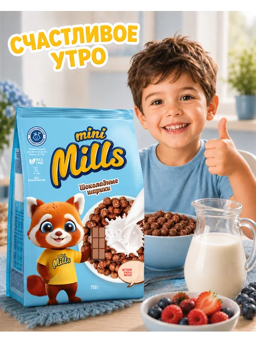 Mini Mills Сухой завтрак шоколадные кукурузные шарики 200 г, 750 г, фото 3