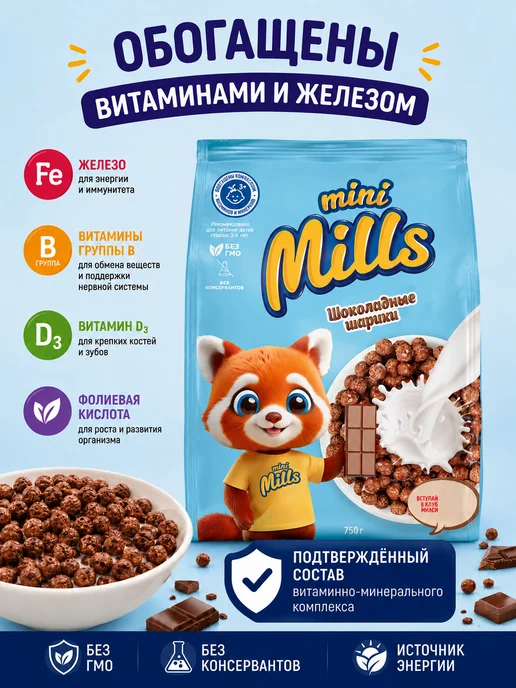 Mini Mills Сухой завтрак шоколадные кукурузные шарики 200 г, 750 г, фото 4