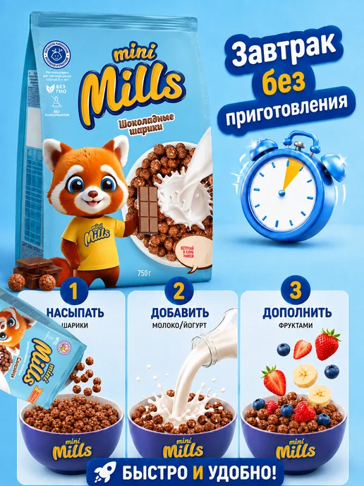 Mini Mills Сухой завтрак шоколадные кукурузные шарики 200 г, 750 г, фото 5