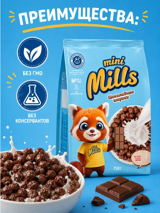 Mini Mills Сухой завтрак шоколадные кукурузные шарики 200 г, 750 г, фото 8