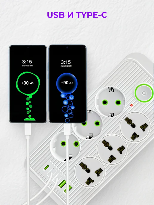 Удлинитель сетевой с USB и Type-C, белый, фото 3