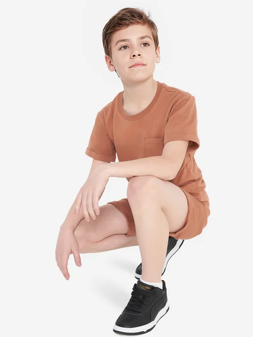 WOOL&COTTON Костюм спортивный детский на физкультуру футболка с шортами, бежевый, фото 3