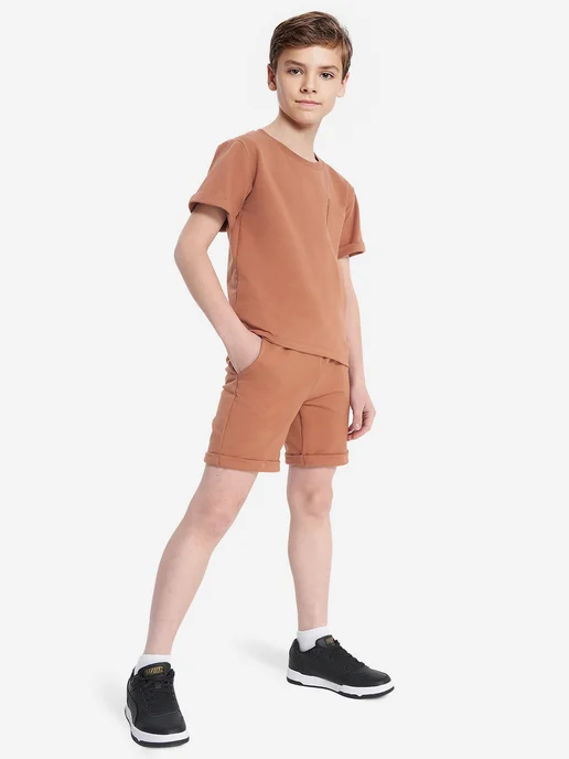 WOOL&COTTON Костюм спортивный детский на физкультуру футболка с шортами, бежевый, фото 4