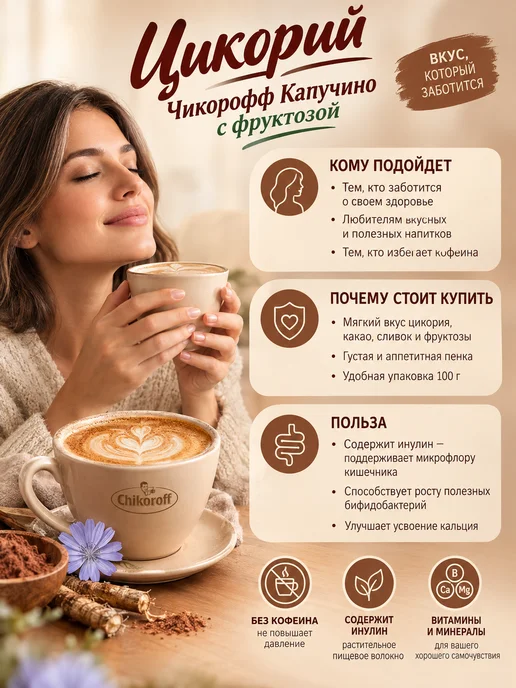 Новапродукт АГ Цикорий растворимый капучино с фруктозой 100 г, 100 г, фото 2