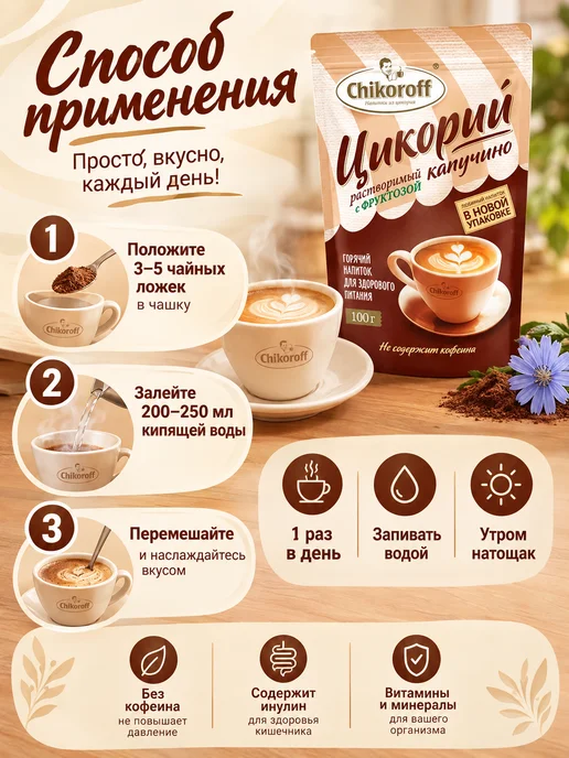 Новапродукт АГ Цикорий растворимый капучино с фруктозой 100 г, 100 г, фото 3