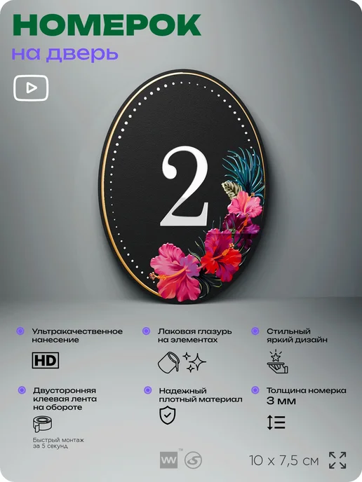 Айдентика Технолоджи Номер на входную дверь квартиры кабинета офиса цифра 2, черный, фото 2