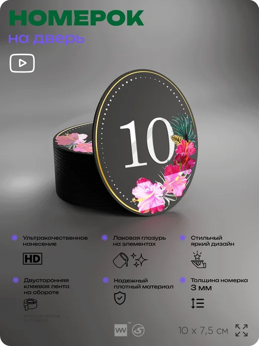 Айдентика Технолоджи Номер на входную дверь квартиры кабинета офиса цифра 10, черный, фото 3