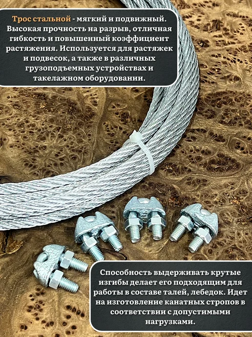 23 Болта Крепёж Трос стальной d3 с зажимами (4 шт.) ОЦ без оплетки, 20 м, 4 шт, 20 м, фото 3