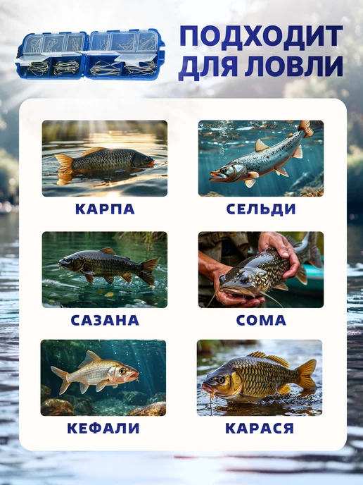 ЯсноСнасти Крючки рыболовные карповые с длинным цевьем на карася набор, синий, фото 5