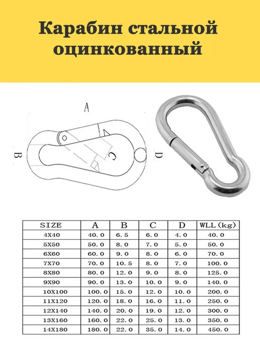 Карабин пружинный стальной для цепей 5 мм, серый, фото 2
