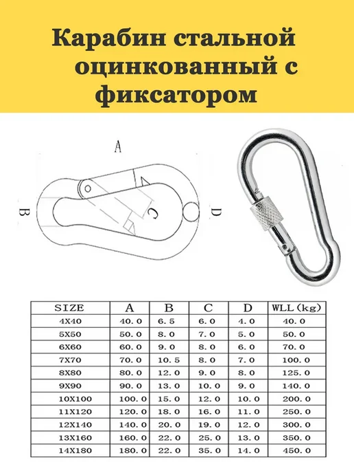 Карабин для цепей с фиксатором 11мм пожарный, серый, 5 шт, фото 2