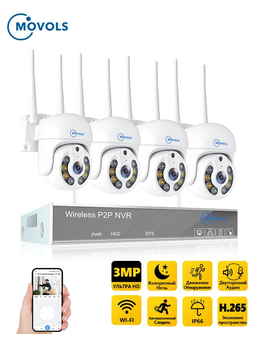 movols guard your home Комплект видеонаблюдения уличный WiFi 4 камеры 3МП(без HDD), вариант