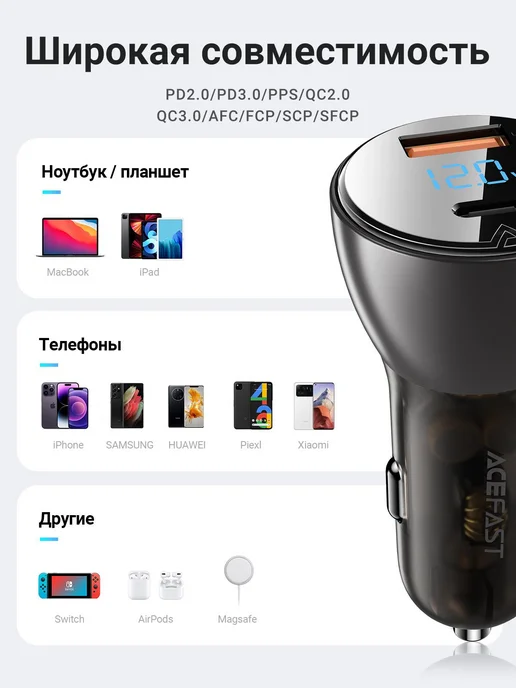 ACEFAST Автомобильное зарядное устройство в прикуриватель USB TypeC, вариант, фото 5