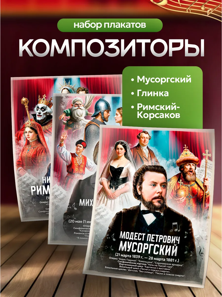 Плакаты «Композиторы Глинка, Мусоргский, Римский-Корсаков»