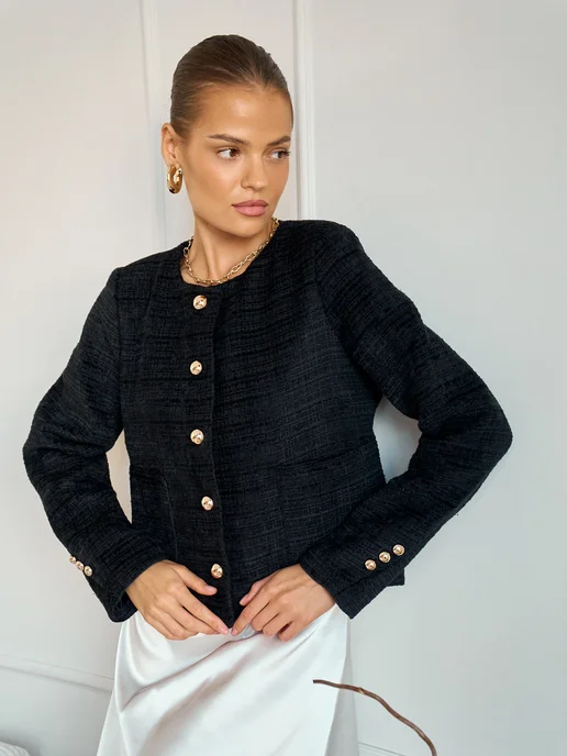 Anjelica collection Пиджак твидовый укороченный жакет, черный, фото 3