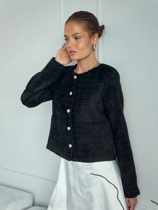Anjelica collection Пиджак твидовый укороченный жакет, черный, фото 4