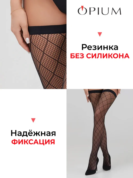 OPIUM Чулки в крупную сетку на резинке без силикона, черный, фото 4