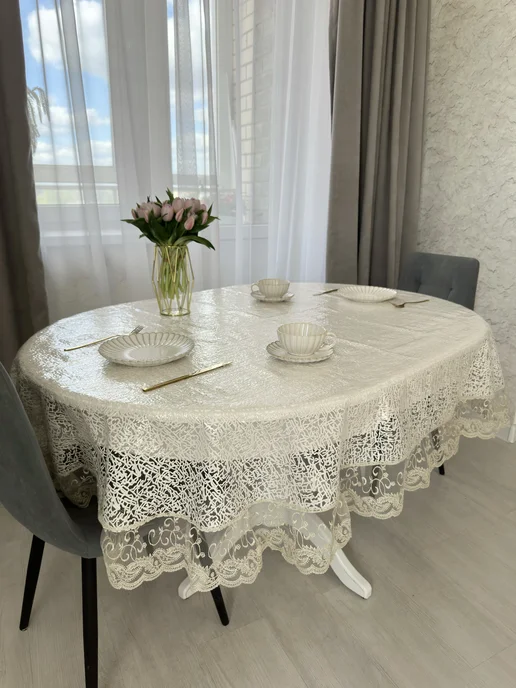 EN.LUX Скатерть водоотталкивающая пвх 180x140 см с кружевом на стол, 180x140 см, фото 4