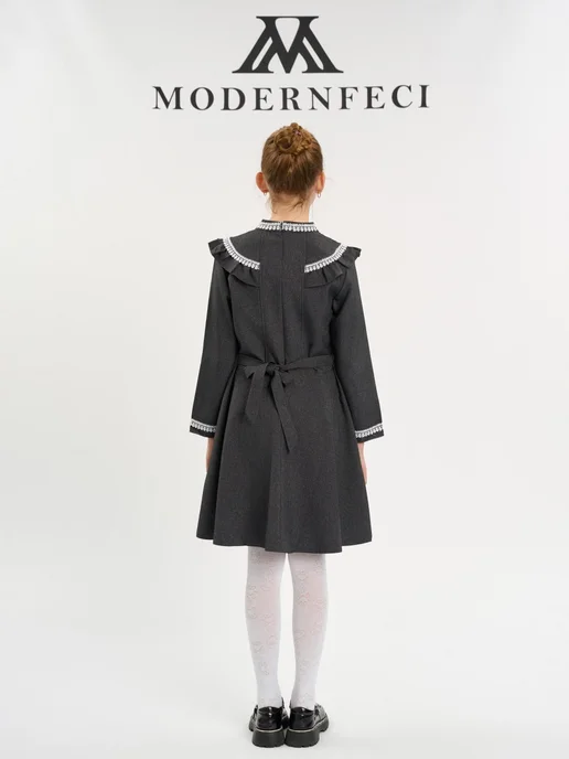Modernfeci Платье-сарафан школьное с кружевным воротником и рукавами, серый, фото 4