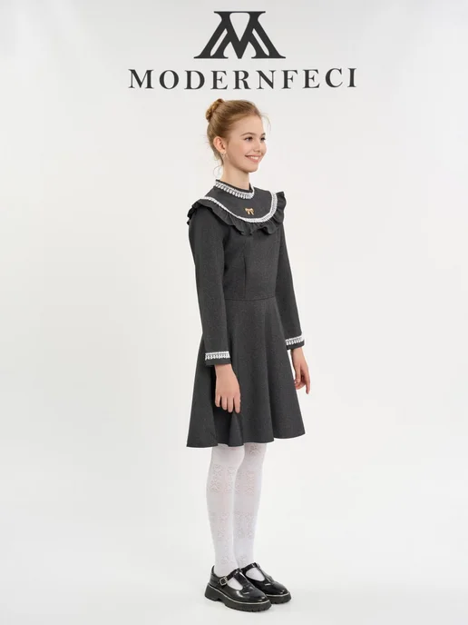 Modernfeci Платье-сарафан школьное с кружевным воротником и рукавами, серый, фото 5