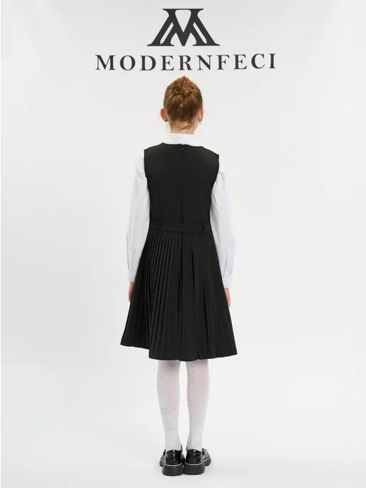 Modernfeci Сарафан школьный платье с поясом, черный, фото 6