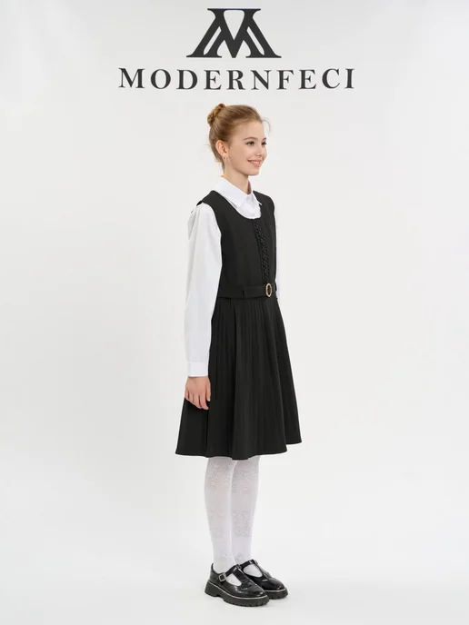 Modernfeci Сарафан школьный платье с поясом, черный, фото 7