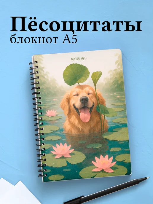 Блокнот с собакой, с цитатами в клетку