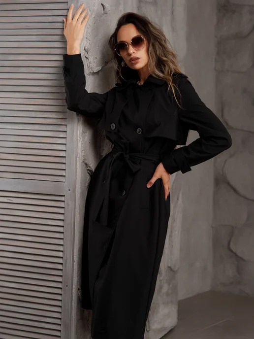 ROSSO BRAND Плащ длинный демисезонный с поясом на пуговицах тренч, черный, фото 2