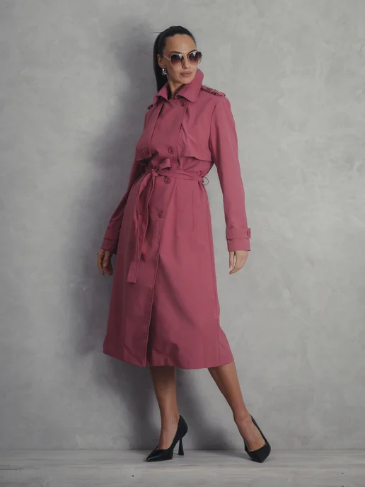 ROSSO BRAND Плащ тренч длинный с поясом оверсайз, розовый, фото 2