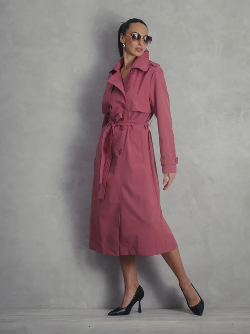 ROSSO BRAND Плащ тренч длинный с поясом оверсайз, розовый, фото 4