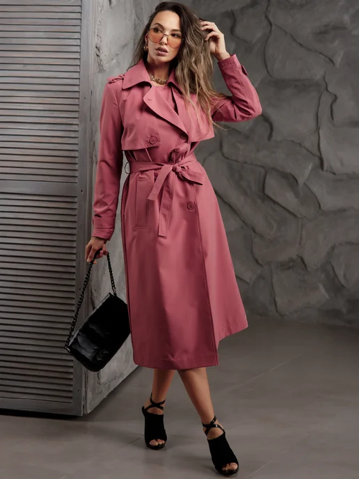ROSSO BRAND Плащ тренч длинный с поясом оверсайз, розовый, фото 5