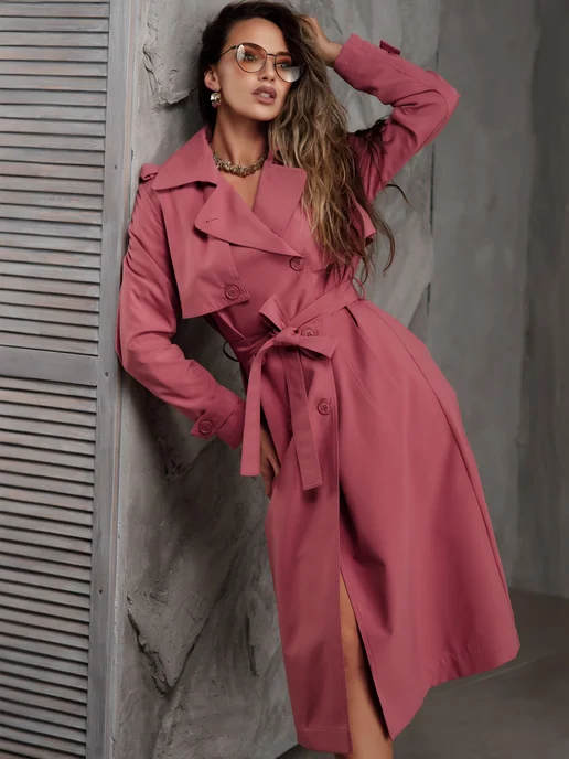 ROSSO BRAND Плащ тренч длинный с поясом оверсайз, розовый, фото 7