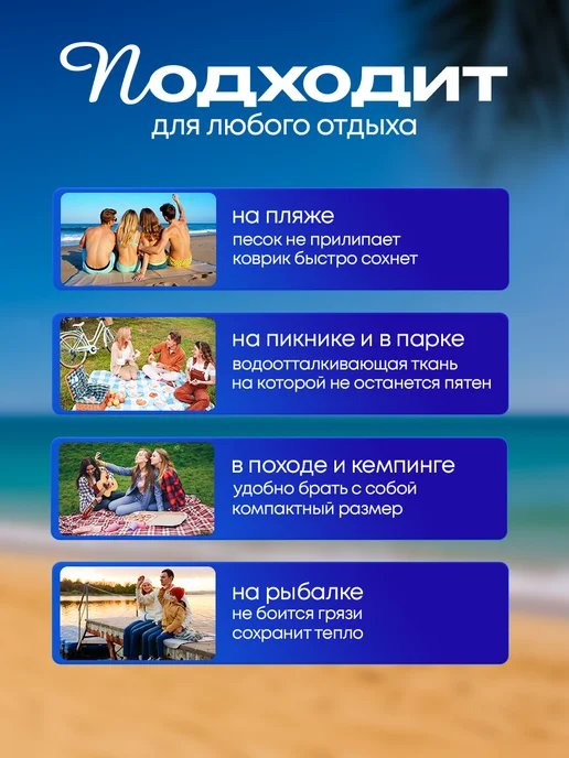 Yumakura Пляжный коврик с колышками для пляжа и пикника Пантера, синий, фото 3