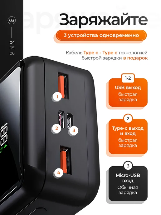 Повербанк 30000 mah быстрая зарядка 22.5 W, 30000 мАч, 22,5 Вт, фото 2