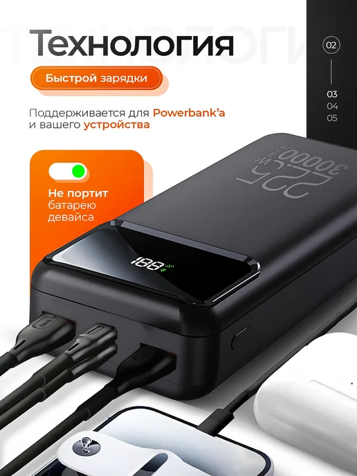 Повербанк 30000 mah быстрая зарядка 22.5 W, 30000 мАч, 22,5 Вт, фото 3