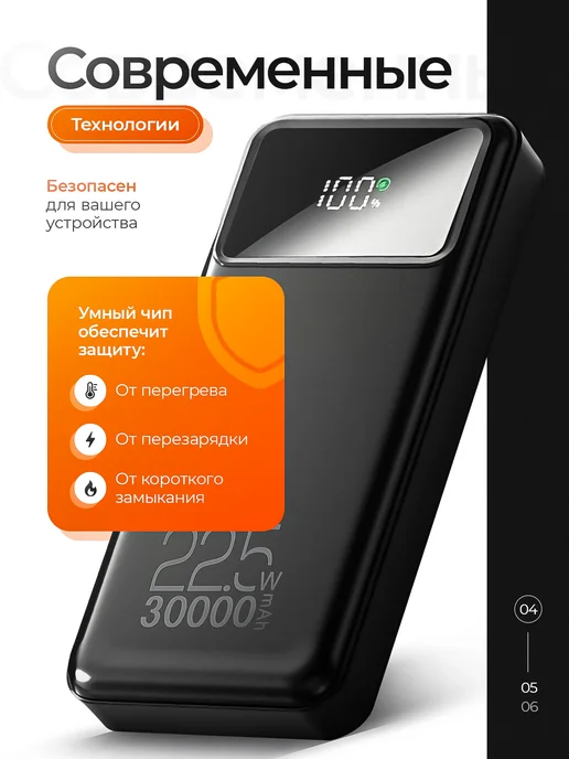 Повербанк 30000 mah быстрая зарядка 22.5 W, 30000 мАч, 22,5 Вт, фото 4