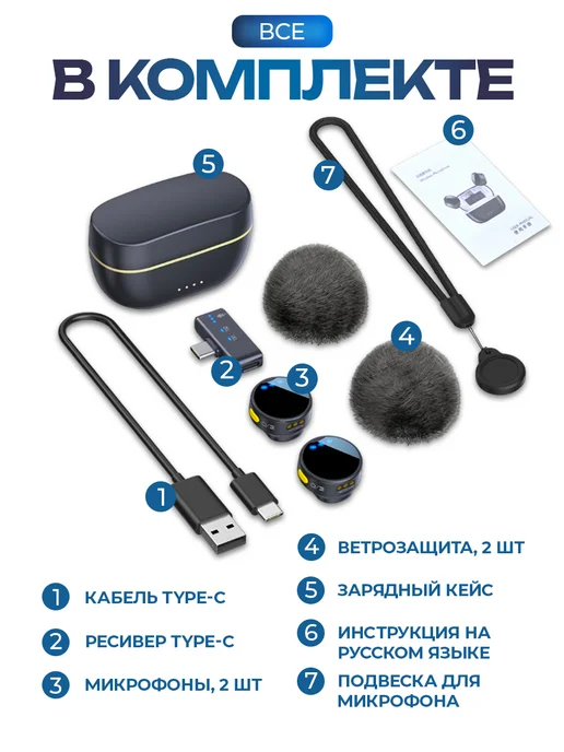 Микрофон петличный беспроводной для Android и Iphone TYPE-C, синий, фото 8