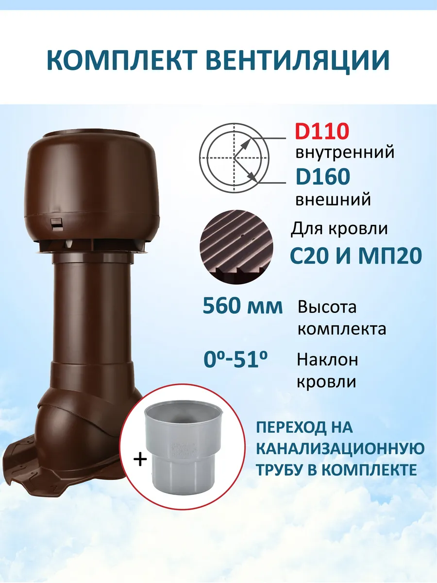 Колпак D160, вент.выход 110/160 Н-500, для профнастила 20мм