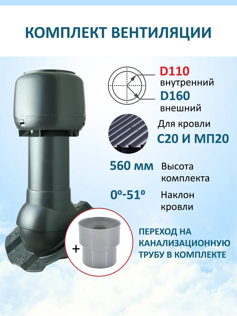 Колпак D160, вент.выход 110/160 Н-500, для профнастила 20мм